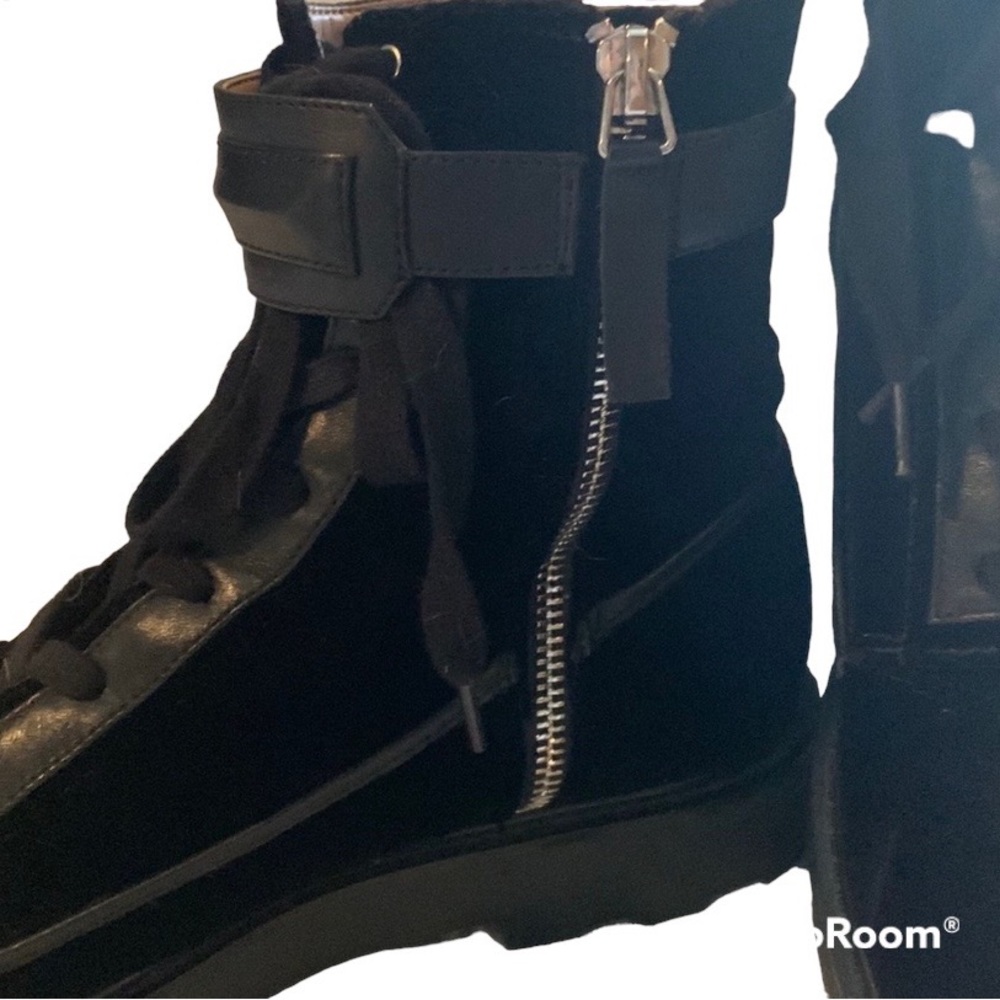 CALVIN KLEIN VANORA LEATHER AND VELVET BOOTS. Size 8 1/2 .